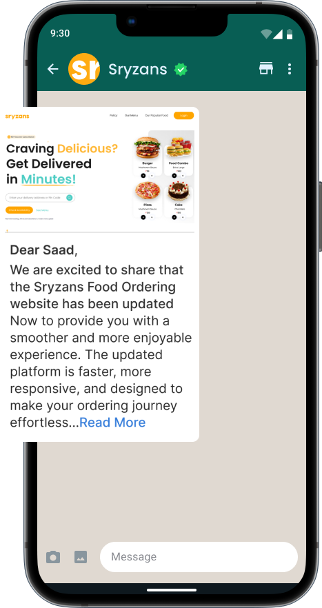 WhatsApp Business message from Sryzans, a verified food ordering brand, announcing website updates for a smoother ordering experience. The message includes a promotional banner with food images and a 'Read More' link