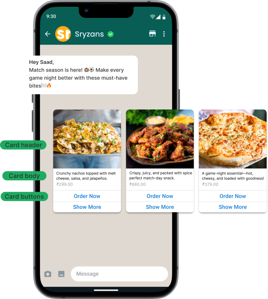 WhatsApp Business carousel message from Sryzans promoting match-day food items, including nachos, spicy chicken, and pizza, with 'Order Now' and 'Show More' buttons for each item.