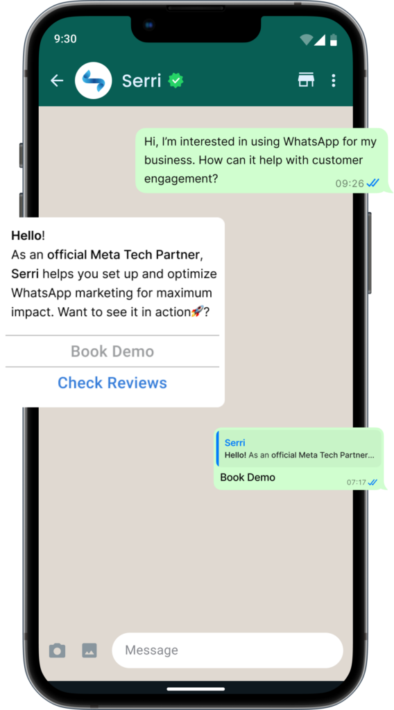 WhatsApp Business chat with Serri, an official Meta Tech Partner, responding to a business inquiry about WhatsApp marketing with options to 'Book Demo' or 'Check Reviews'.