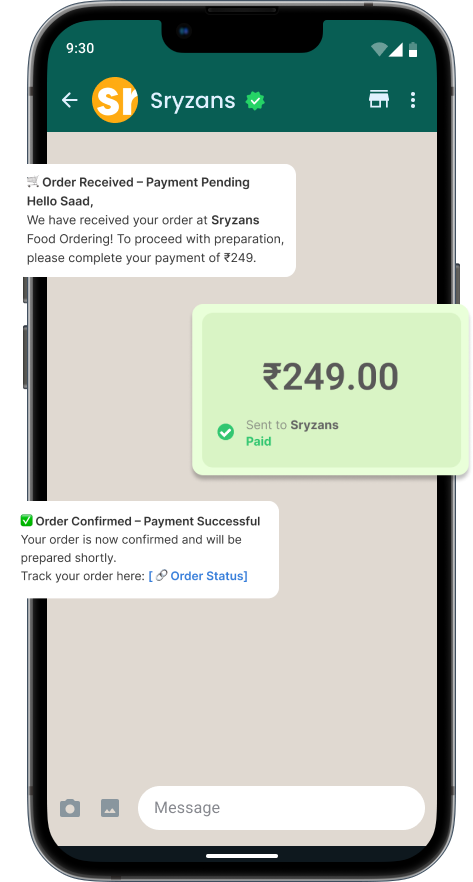 WhatsApp Business payment confirmation message from Sryzans, showing order received, pending payment request of ₹249, successful payment confirmation, and order tracking link.