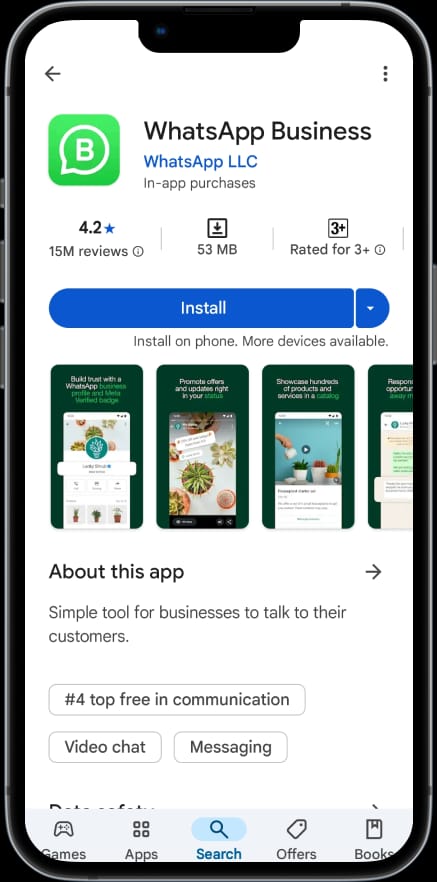 A smartphone displaying the WhatsApp Business App interface with chat labels, automated messages, and product catalog.