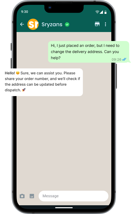 WhatsApp Business chat with Sryzans, a verified food ordering brand, showing a customer requesting a delivery address change and receiving a prompt customer support response