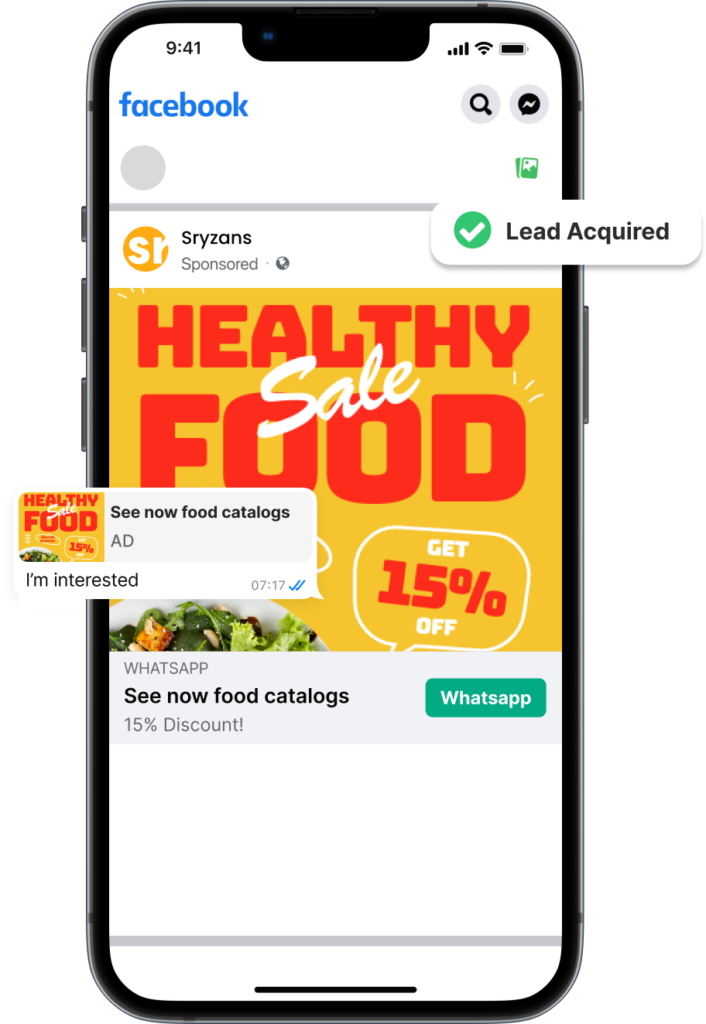 Facebook ad by Sryzans promoting a healthy food sale with a 15% discount, leading to WhatsApp chat where a user expresses interest. A 'Lead Acquired' notification is shown