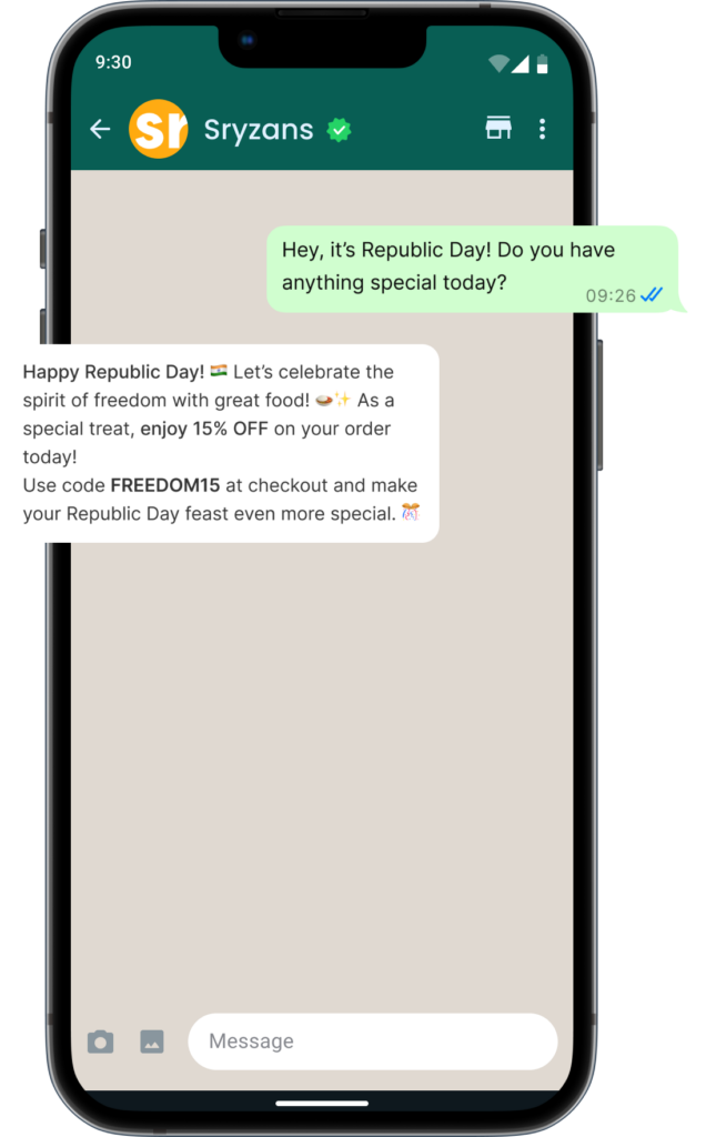 "WhatsApp Business chat with Sryzans offering a Republic Day special discount of 15% off on orders. The message includes a promo code 'FREEDOM15' for checkout."