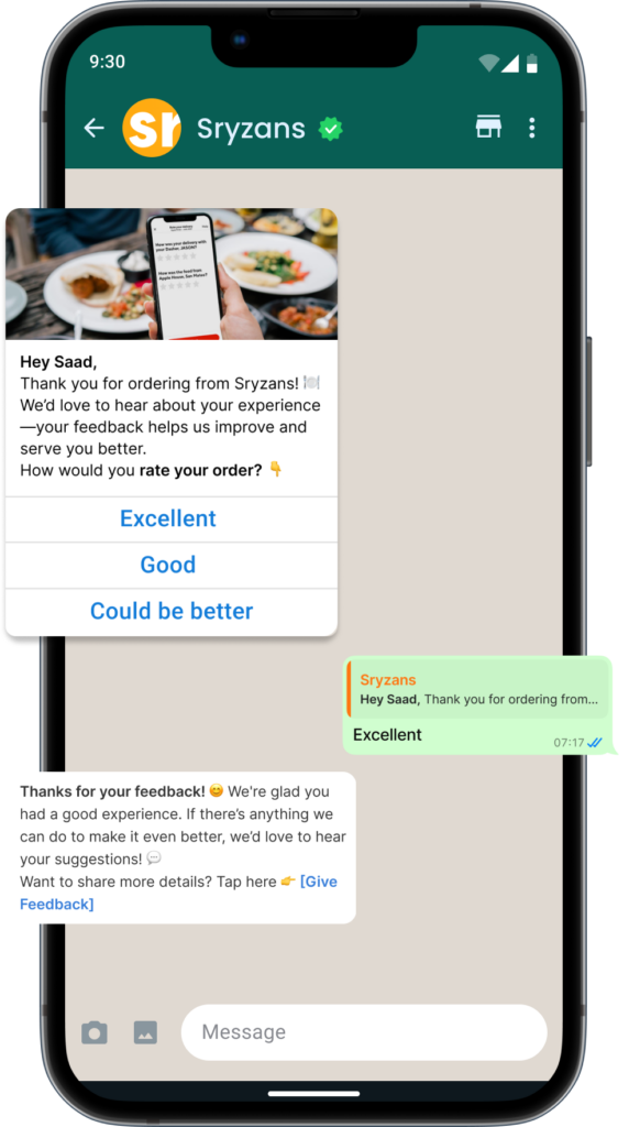 hatsApp Business feedback request from Sryzans, asking a customer to rate their order with options: Excellent, Good, or Could be better. Follow-up message thanks the customer and provides a link for additional feedback.