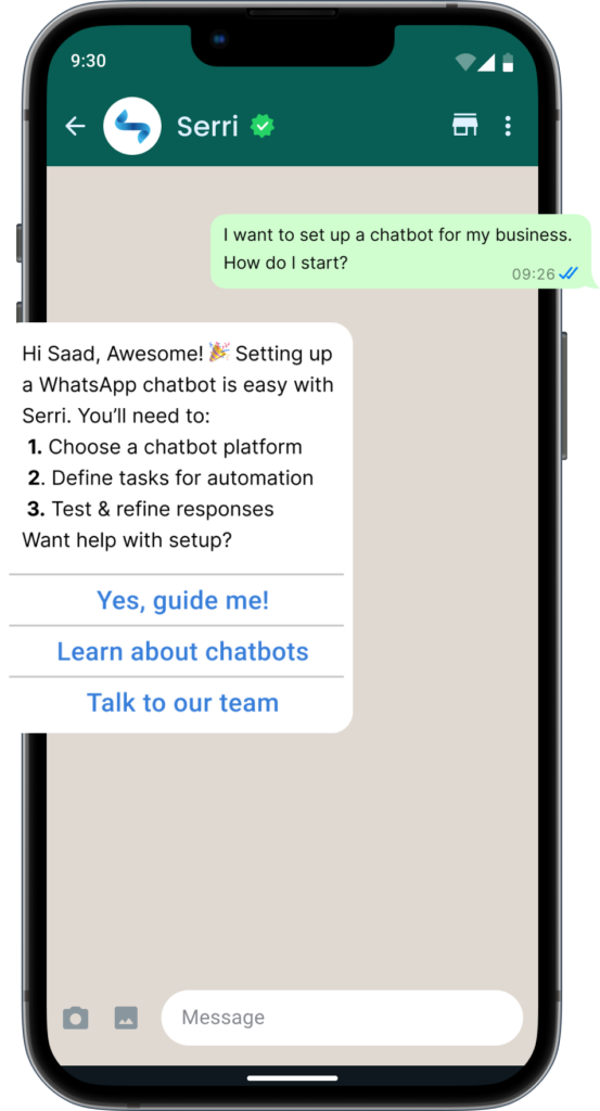 "WhatsApp Business chat with Serri, a verified Meta Tech Partner, guiding a user on setting up a WhatsApp chatbot with step-by-step instructions and options to 'Yes, guide me!', 'Learn about chatbots,' or 'Talk to our team'."