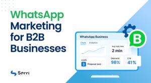 Visual banner for 'WhatsApp Marketing for B2B Businesses' by Serri, featuring WhatsApp Business metrics like 2-minute reply time, 98% open rate, and 41% CTR on a blue-themed dashboard illustration