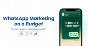 Smart and budget-friendly WhatsApp marketing visual showing a 10% discount offer via WhatsApp Business Status, ideal for WhatsApp marketing for small businesses looking to boost sales and engagement.